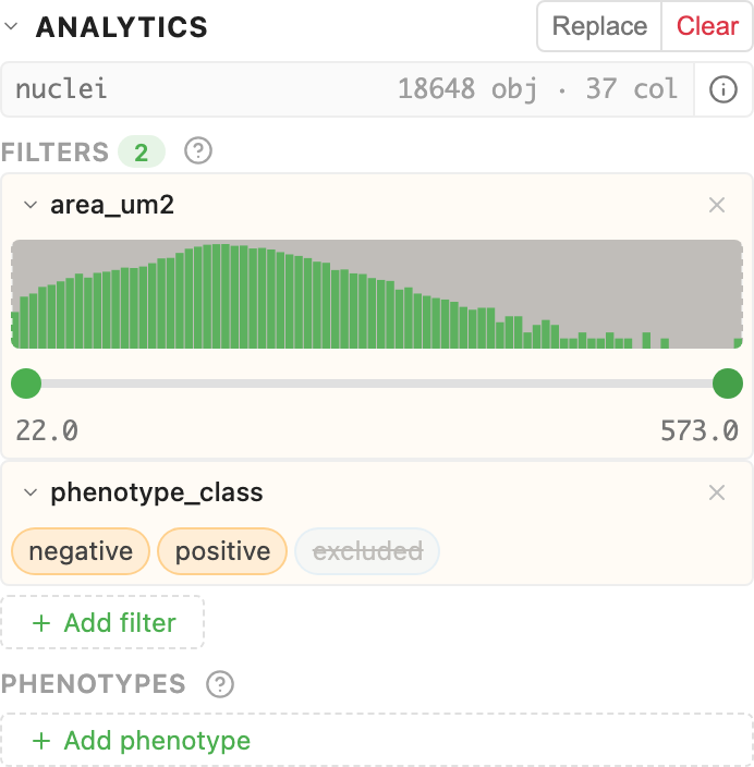 The filters panel: a histogram with a dual-range slider on a numeric column and a value picker on a text column